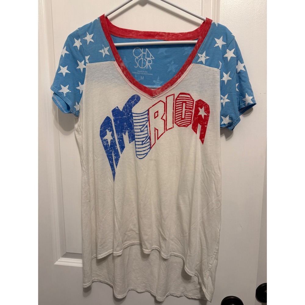 CHASOR Women's Red White Blue Star Spangled AMERICA V Neck T‎ Shirt Size M